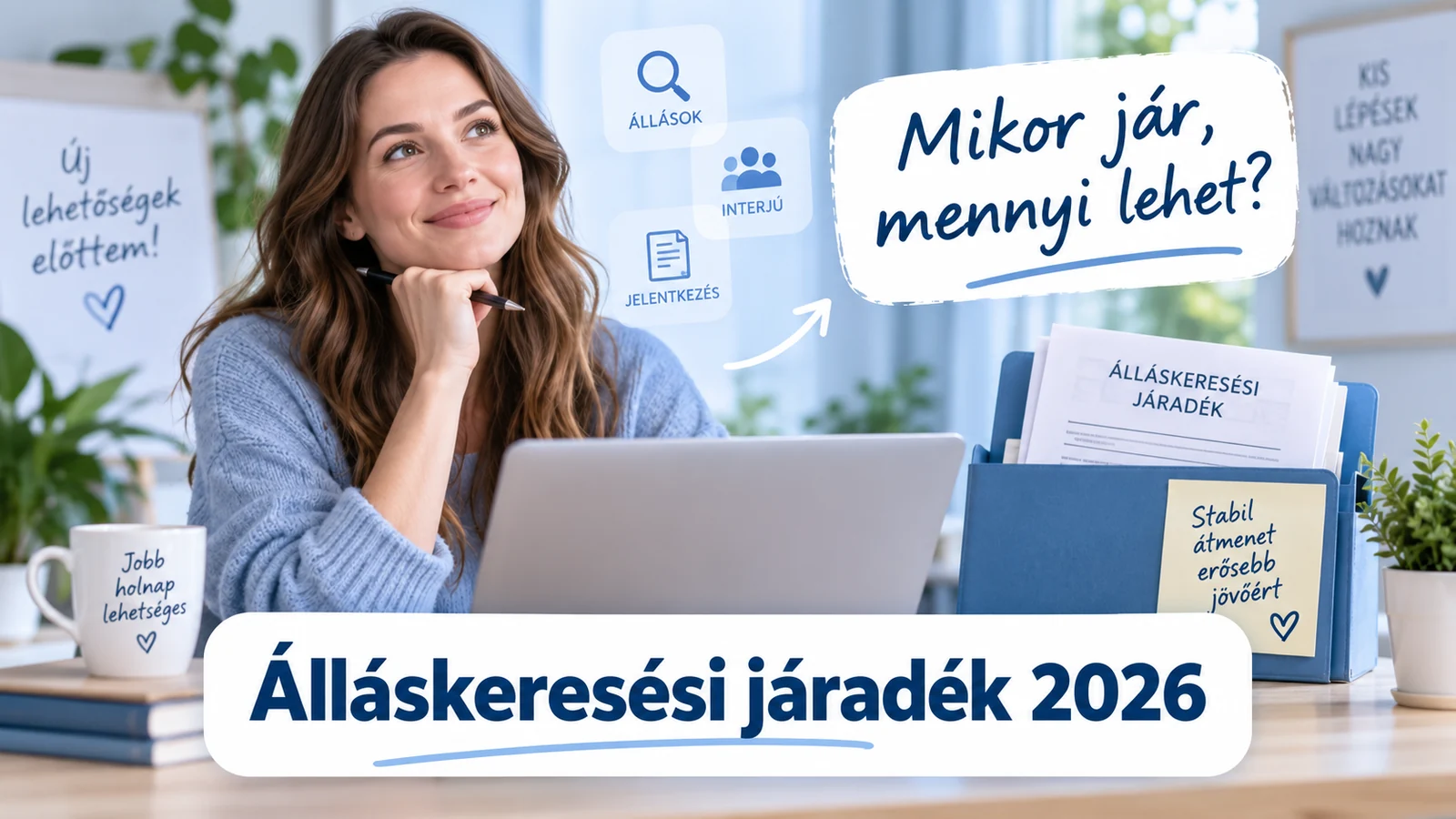Állást kereső nő laptopnál – álláskeresési járadék