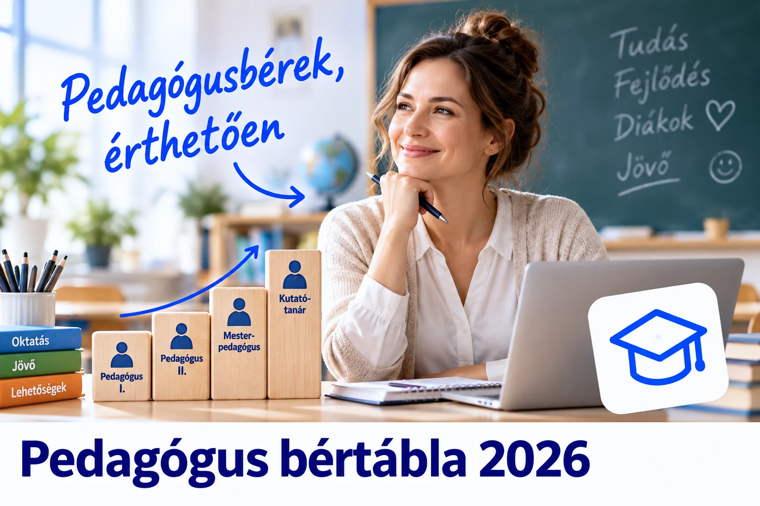 Pedagógus laptopnál, a pedagógusfokozatokat jelölő oszlopokkal