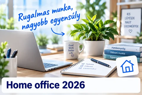 Otthoni munkaállomás laptoppal és jegyzetfüzettel – home office 2026